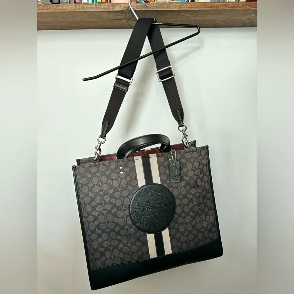 Coach Gray Signature Tote with Black Trim and Burgundy Interior